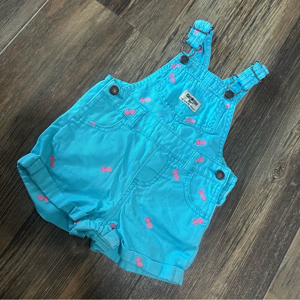 OshKosh pineapple hot pink on bright turquoise short overalls toddler girl 18 Mo